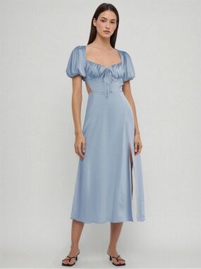 Cider Satin Knotted Puff Sleeve Split Midi Dress Sky Blue Size XS